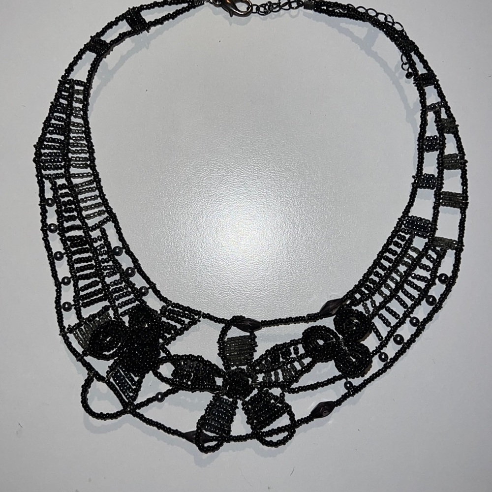 Chicos Beaded Necklace. Black Beaded Flower Necklace by Chicos